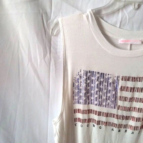⭐ Neon Sky Distressed Graphic Print Patriotic Rlaxd Slvelss Rayon T Shirt Top Lg - Picture 4 of 5